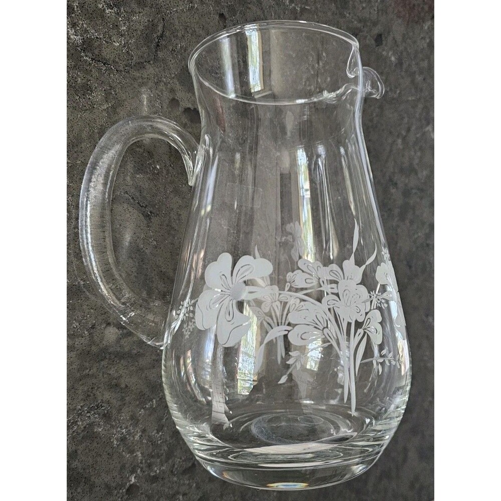 Vintage Pasabahce Turkey Etched Glass Pitcher White Floral Clear Glass Jug Pour